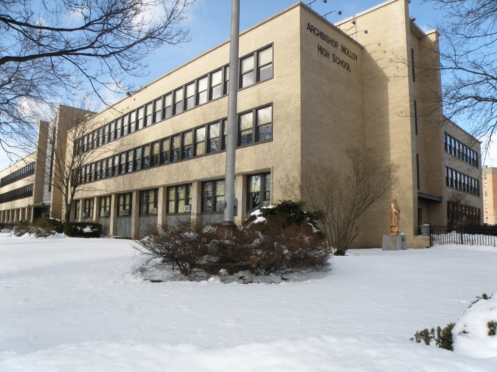 Snow covers the Archbishop Molloy high school besides the road in Briarwood, New York, Джамайка