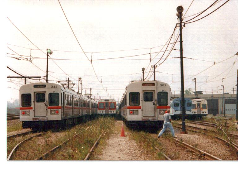 three generations of Cleveland Red Line Rapid Transit cars (l to r) Tokyu, Pullman "Airporter", Tokyu, St. Louis "Blue Bird", Pullman "Airporter", Брук-Парк
