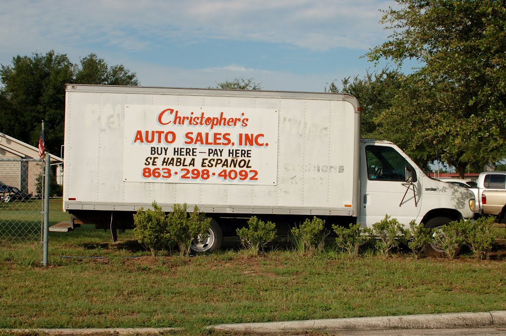 Christophers Auto Sales Sign on a Ford E350 Truck at Eagle Lake, FL, Игл-Лейк