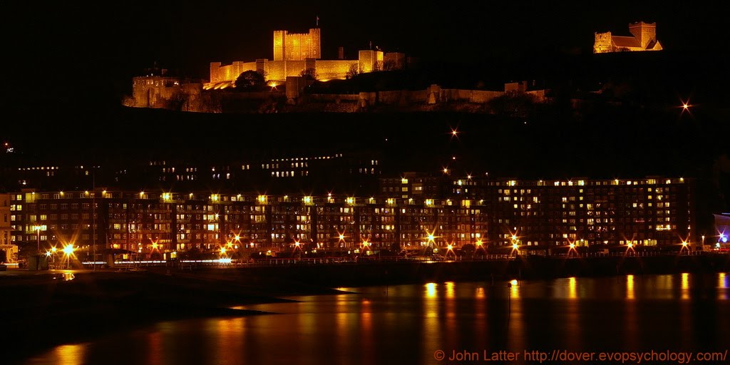 Night Panorama of Dover Castle above Beach, Seafront, and Harbour, Kent, UK, Дувр