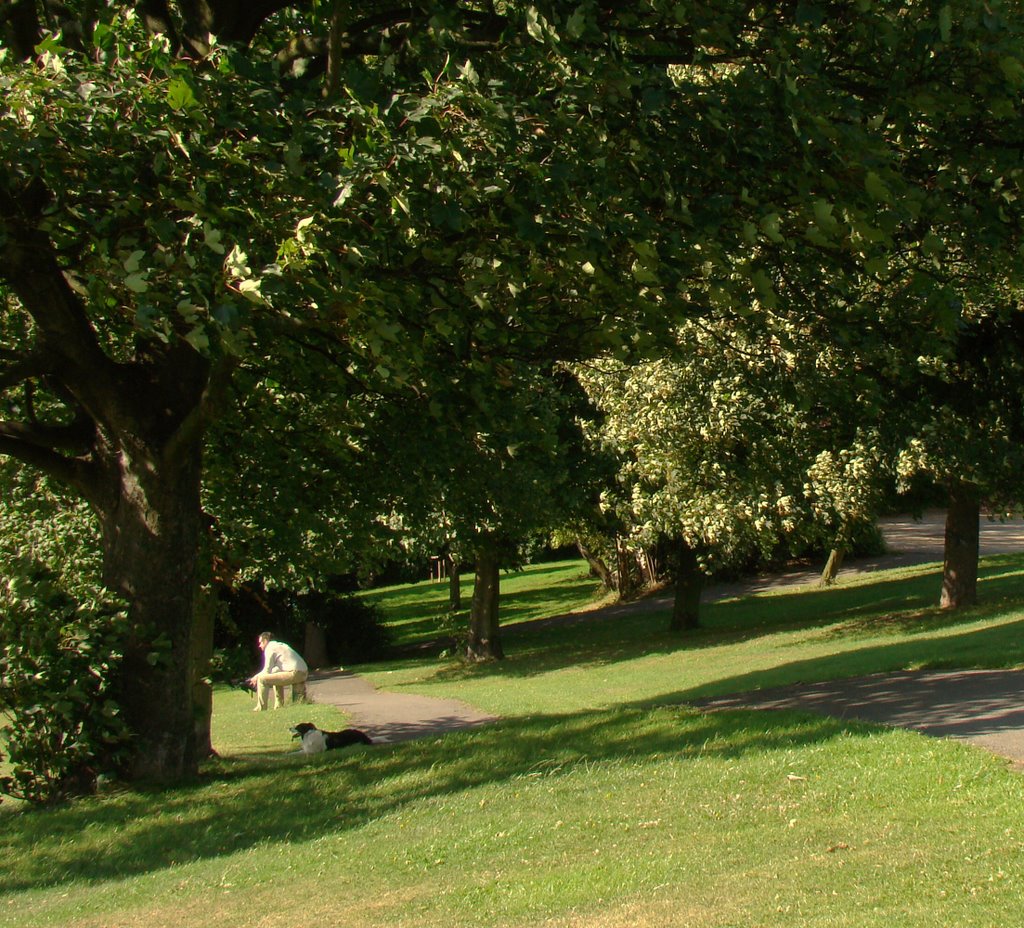 One man and his dog admiring the view from Chapeltown Park, Sheffield S35, Чапелтаун
