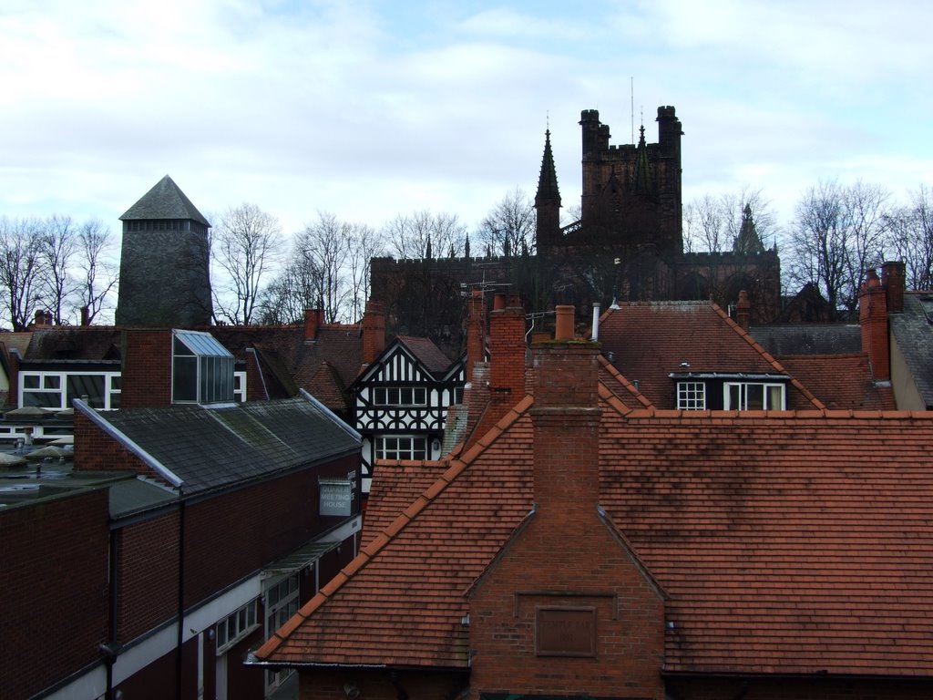 Chester Cathedral (C13th) and Bell Tower (1974) from Tescos car-park, Честер