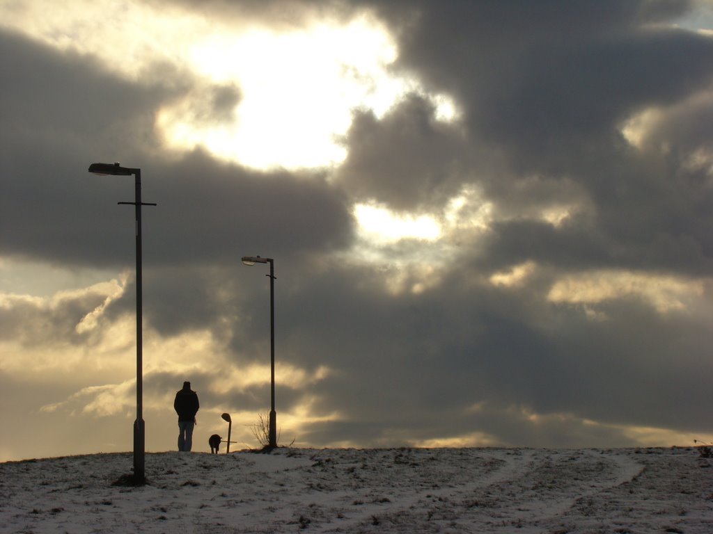 Taking the dog for a walk on a snowy Skye Edge, Sheffield S2, Шеффилд