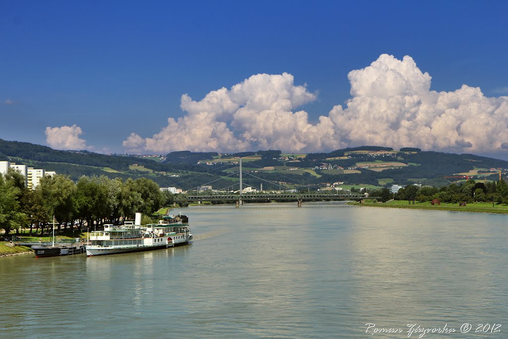 Rivers in Austria. Danube in Linz. View from the Nibelungen bridge, Линц