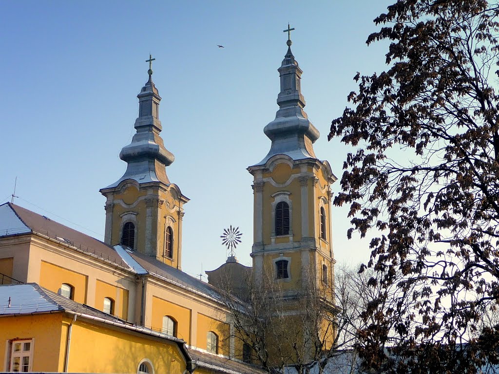Minorita templom tornyai és hajója - hátulról, Мишкольц