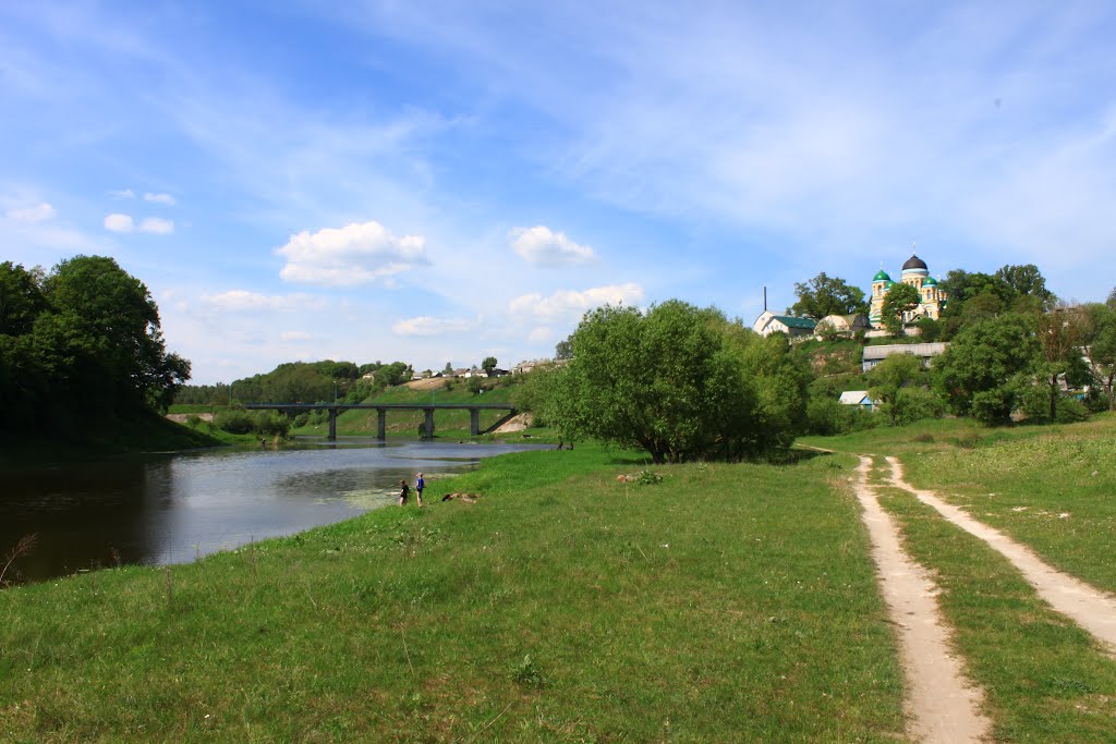 Horodnytsya. The view with the monastery and the bridge., Городница