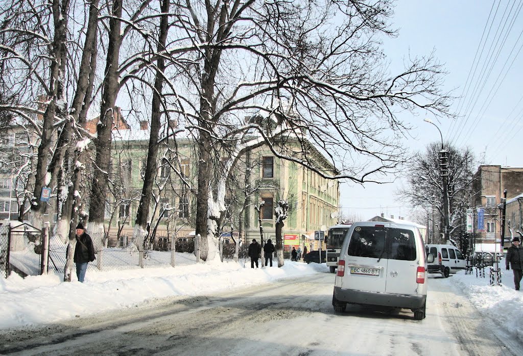 Двухэтажный зелёный особняк на углу улиц Чайковского-Бандеры. Вид на северо-восток., Самбор